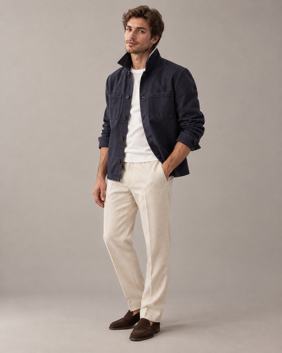 the canvas overshirt in navy · östermalm — on him, collar up