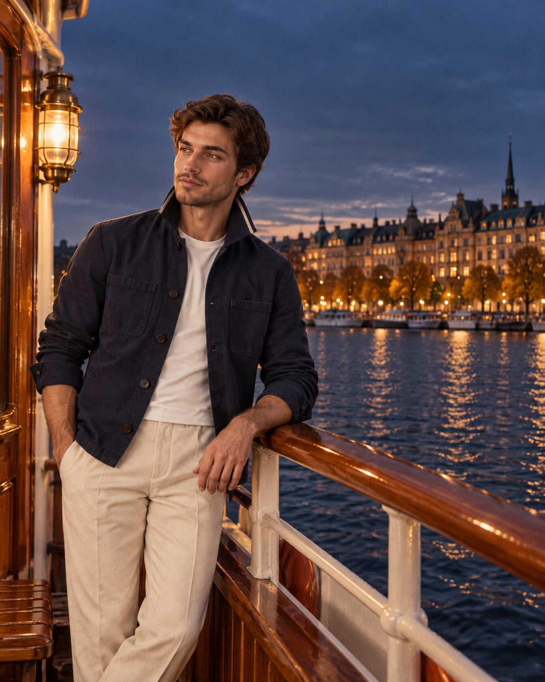 the canvas overshirt, collar up, on an evening ferry across from Östermalm