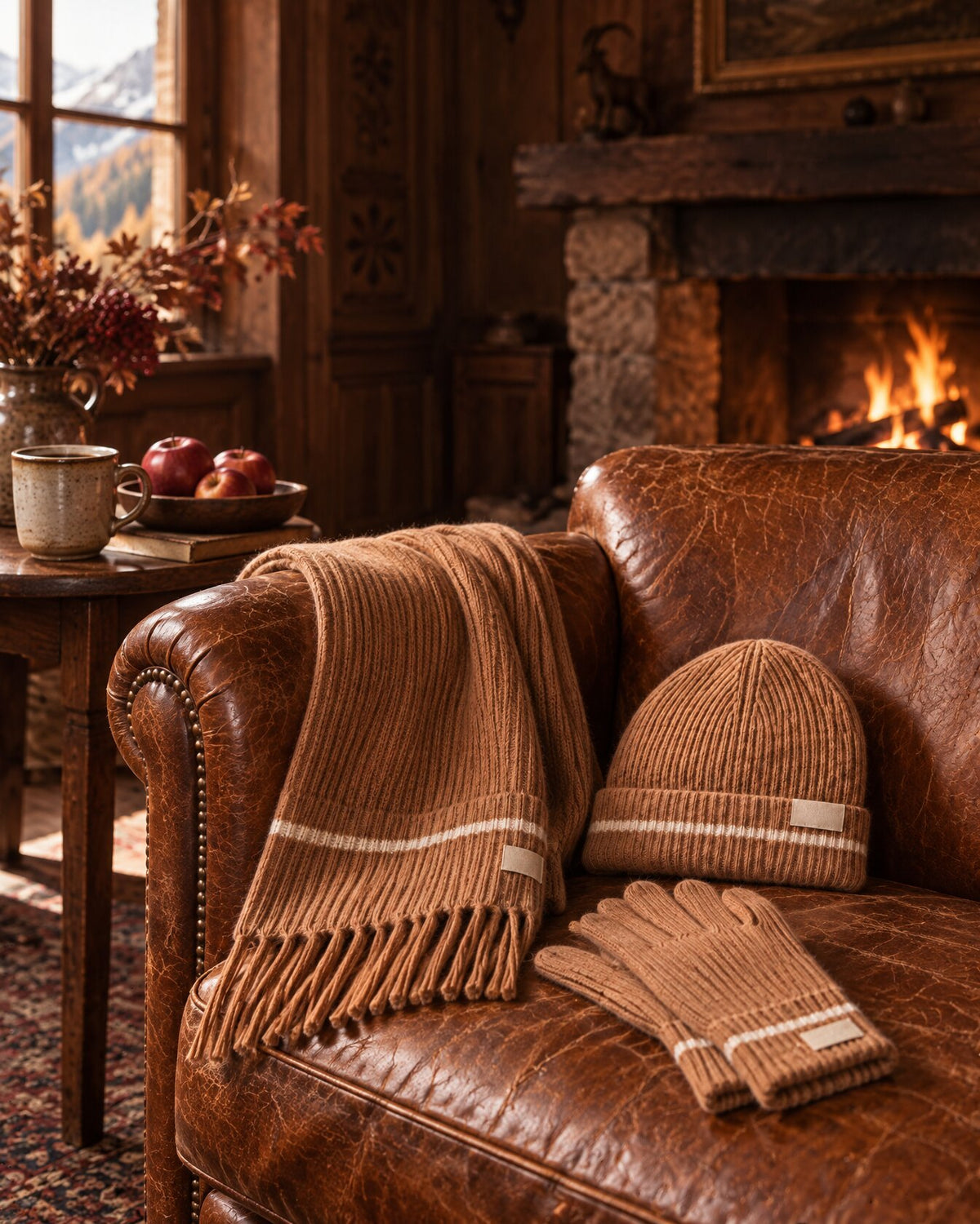 the snow line beanie, scarf and gloves in camel on a leather armchair in a Gstaad chalet