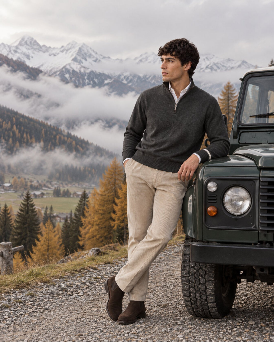 the merino quarter-zip in charcoal on a misty October morning near Klosters
