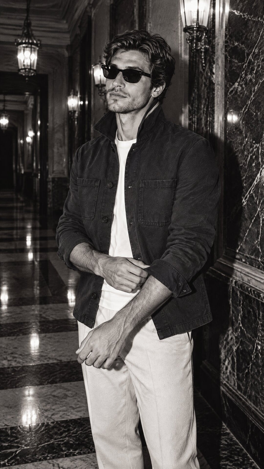the canvas overshirt at night, black and white