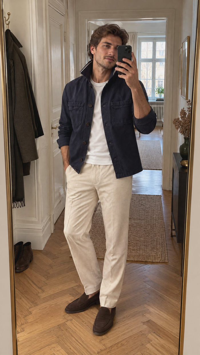 the canvas overshirt, collar up, in a Stockholm hallway mirror