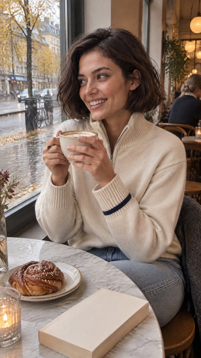 the merino quarter-zip in ivory at a café table in late autumn
