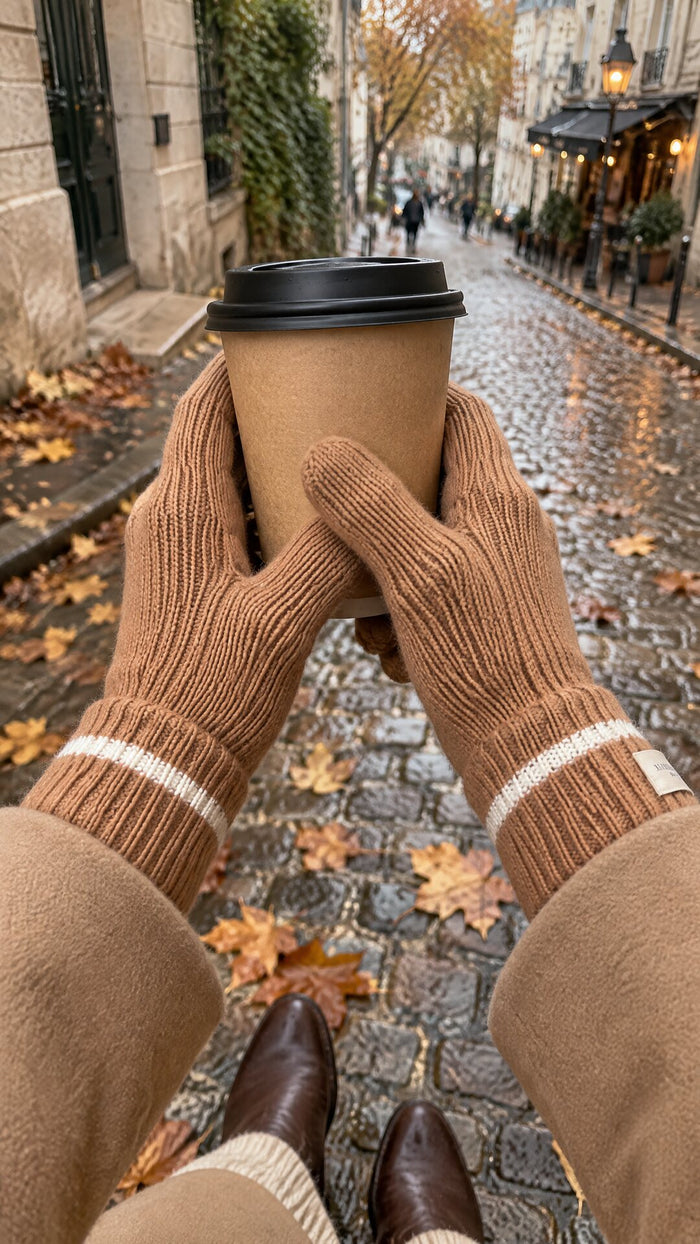 the snow line cashmere gloves in camel around a morning coffee