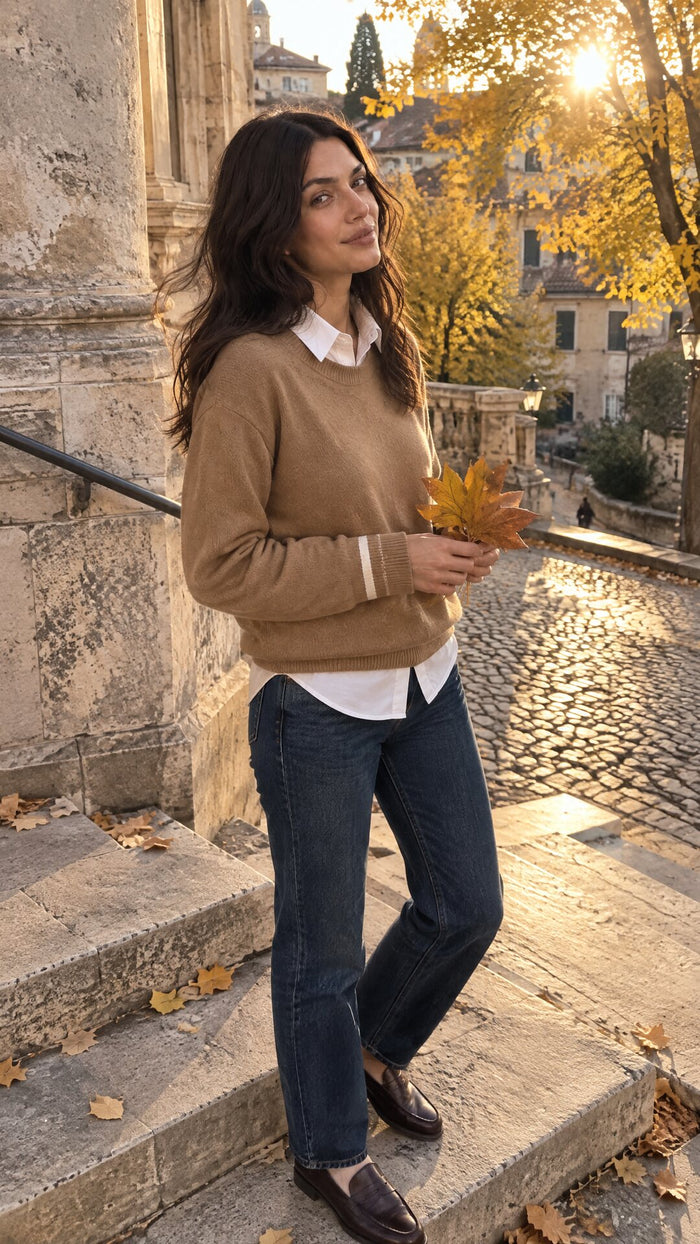 the merino crewneck in camel on old town steps in autumn