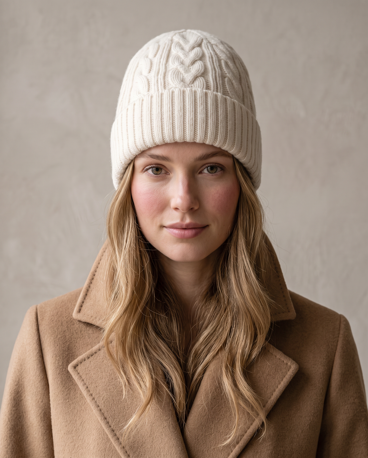 Woman wearing an ivory cable-knit beanie and camel coat