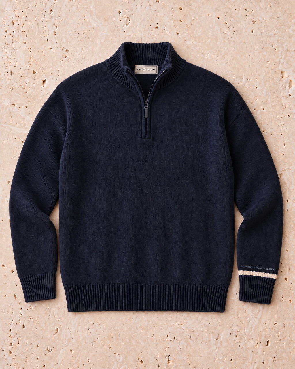 the merino quarter-zip in navy · östermalm — flat lay