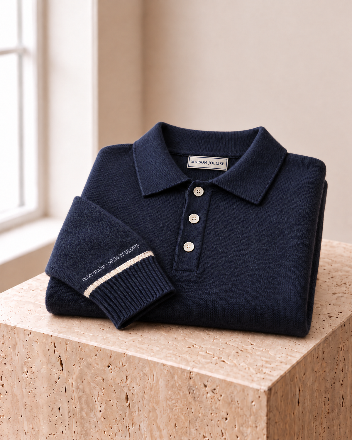 the knitted polo in navy · östermalm — folded on travertine