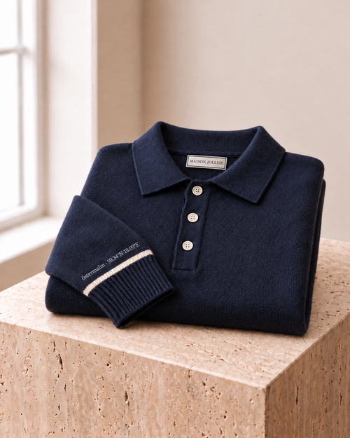 the knitted polo in navy · östermalm — folded on travertine