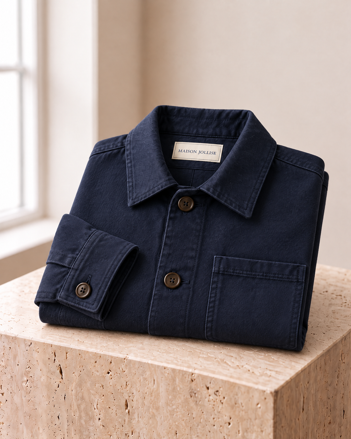 the canvas overshirt in navy · östermalm — folded on travertine
