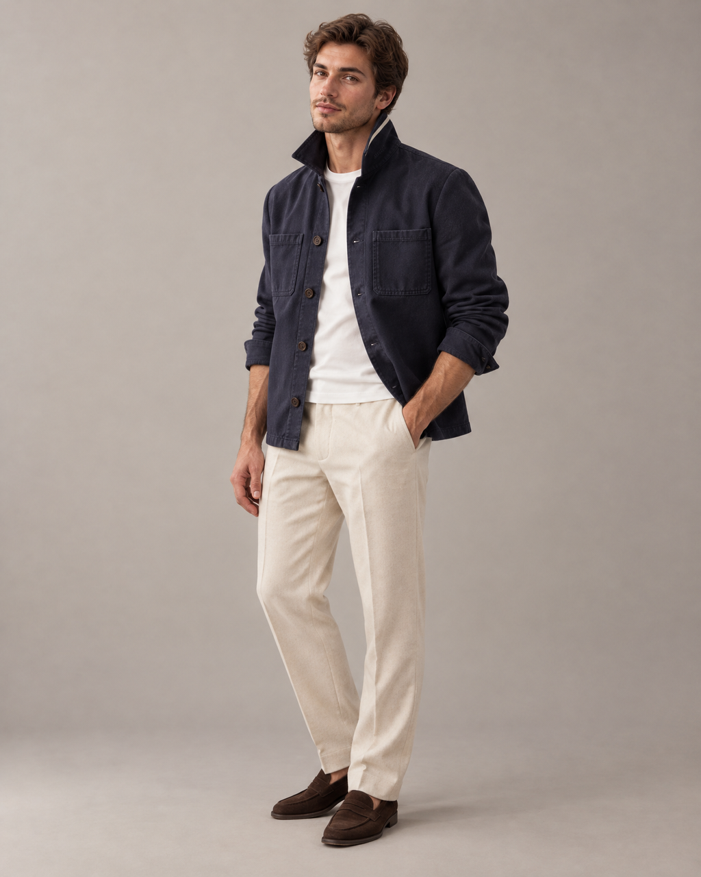 the canvas overshirt in navy · östermalm — on him, collar up