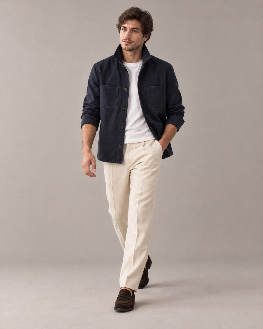 the canvas overshirt in navy · östermalm — on him, full length