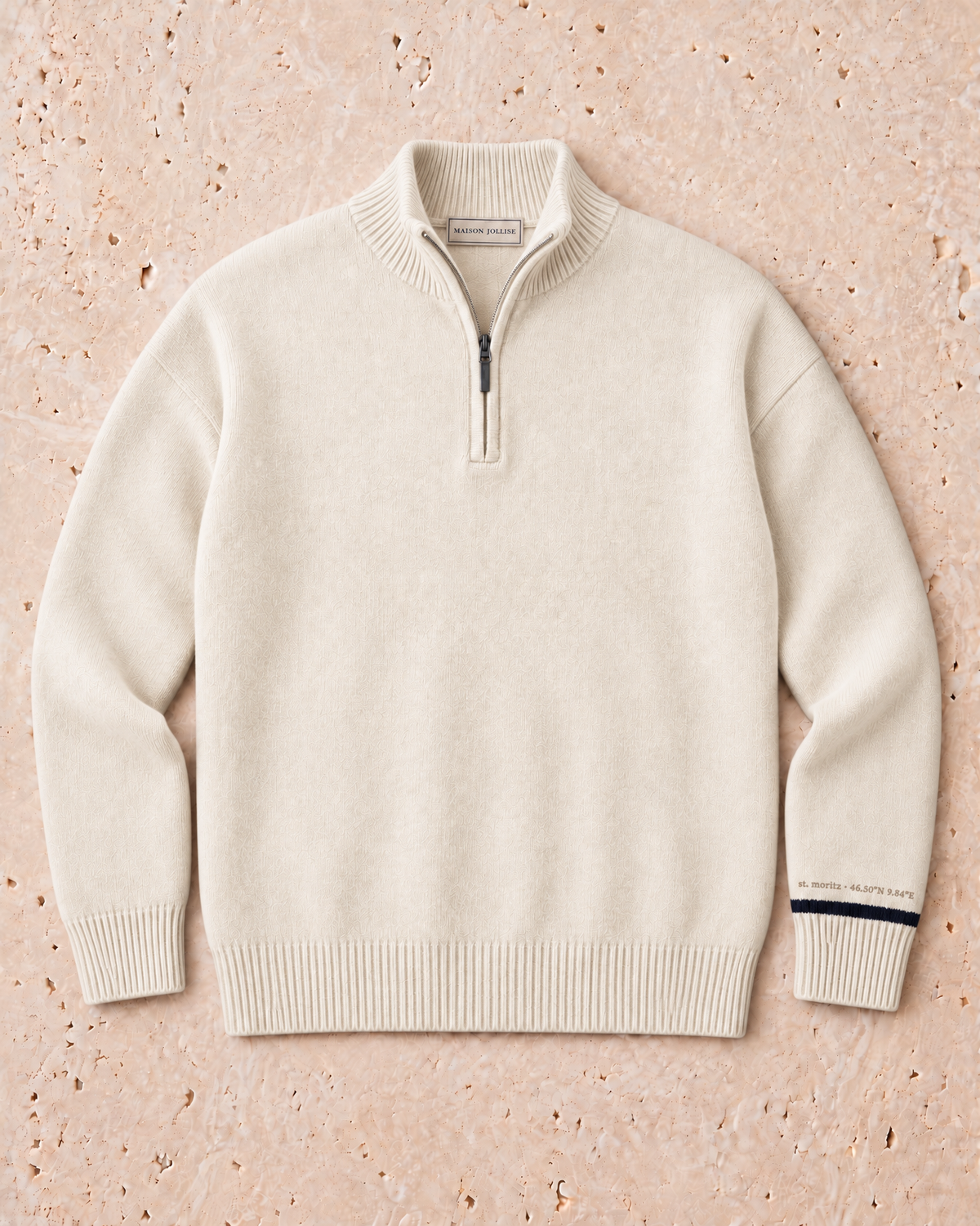 the merino quarter-zip in ivory · st. moritz — flat lay