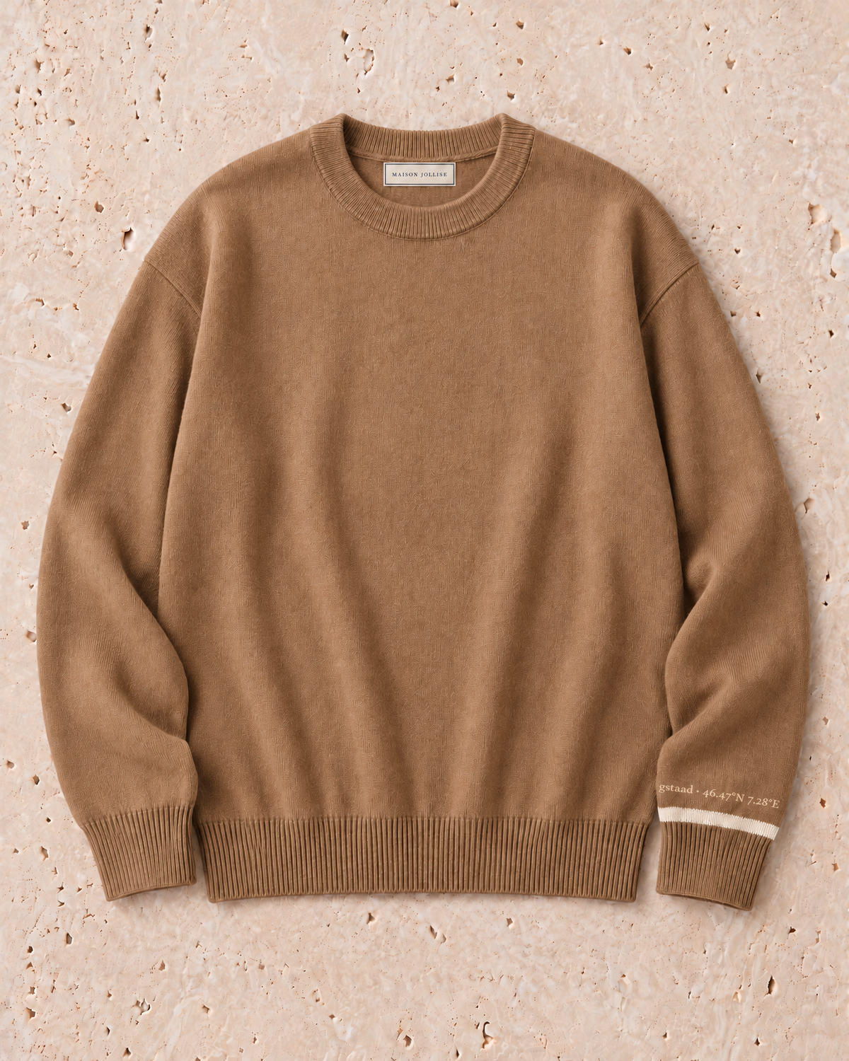 the merino crewneck in camel · gstaad — flat lay