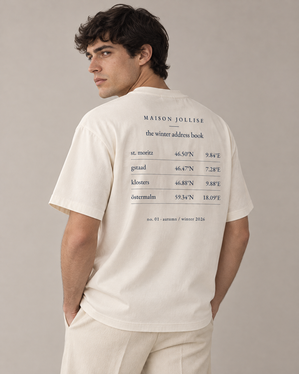 the winter address book tee — on him, back