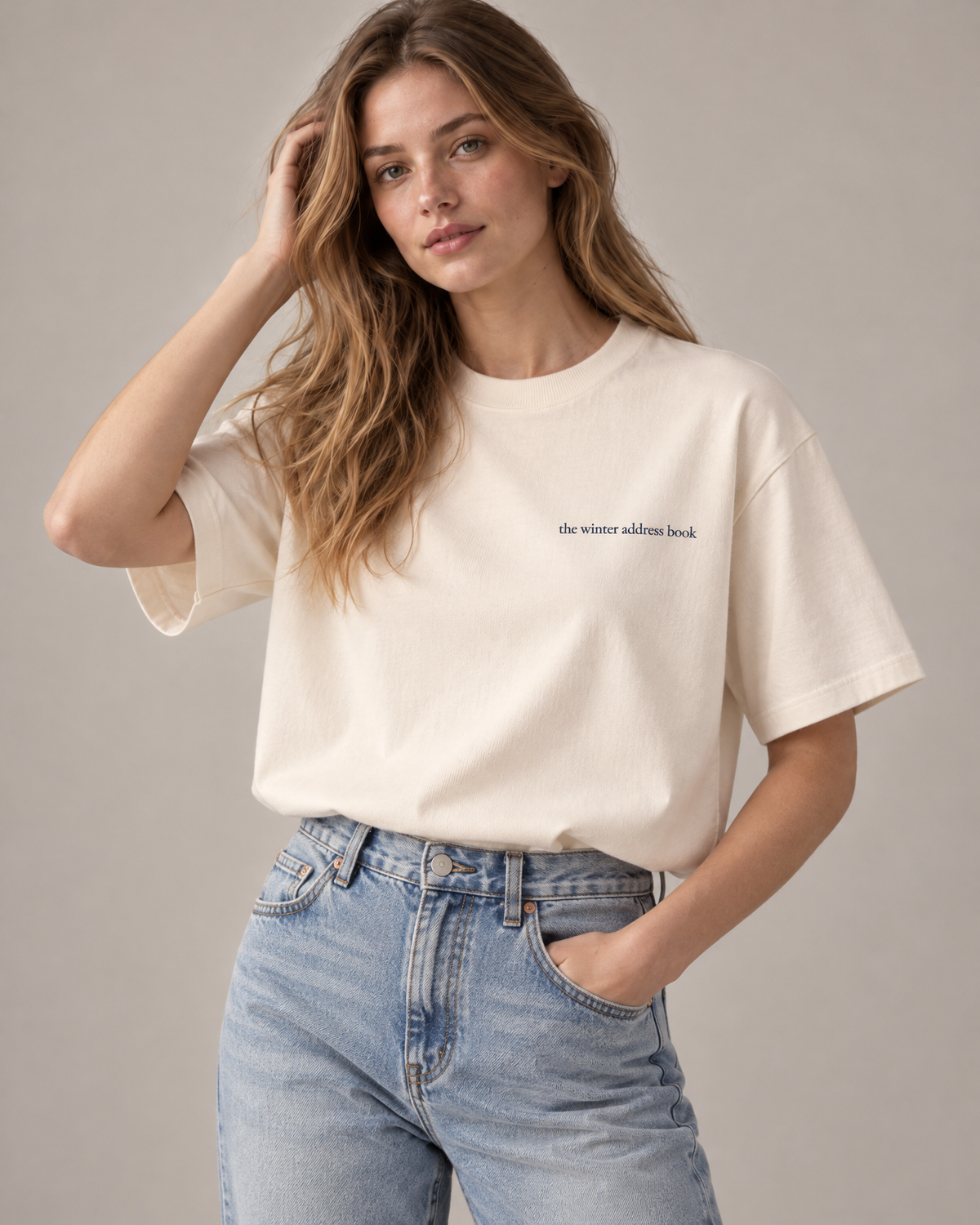 the winter address book tee — on her