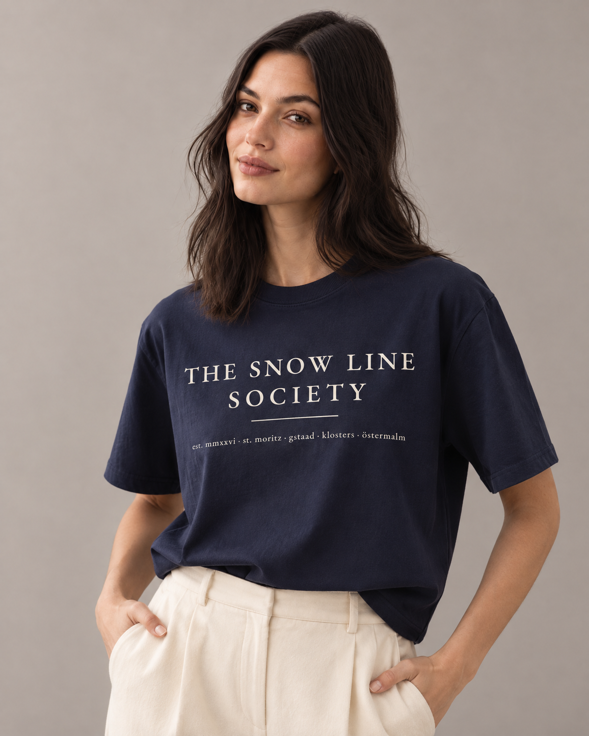 the snow line society tee — on her