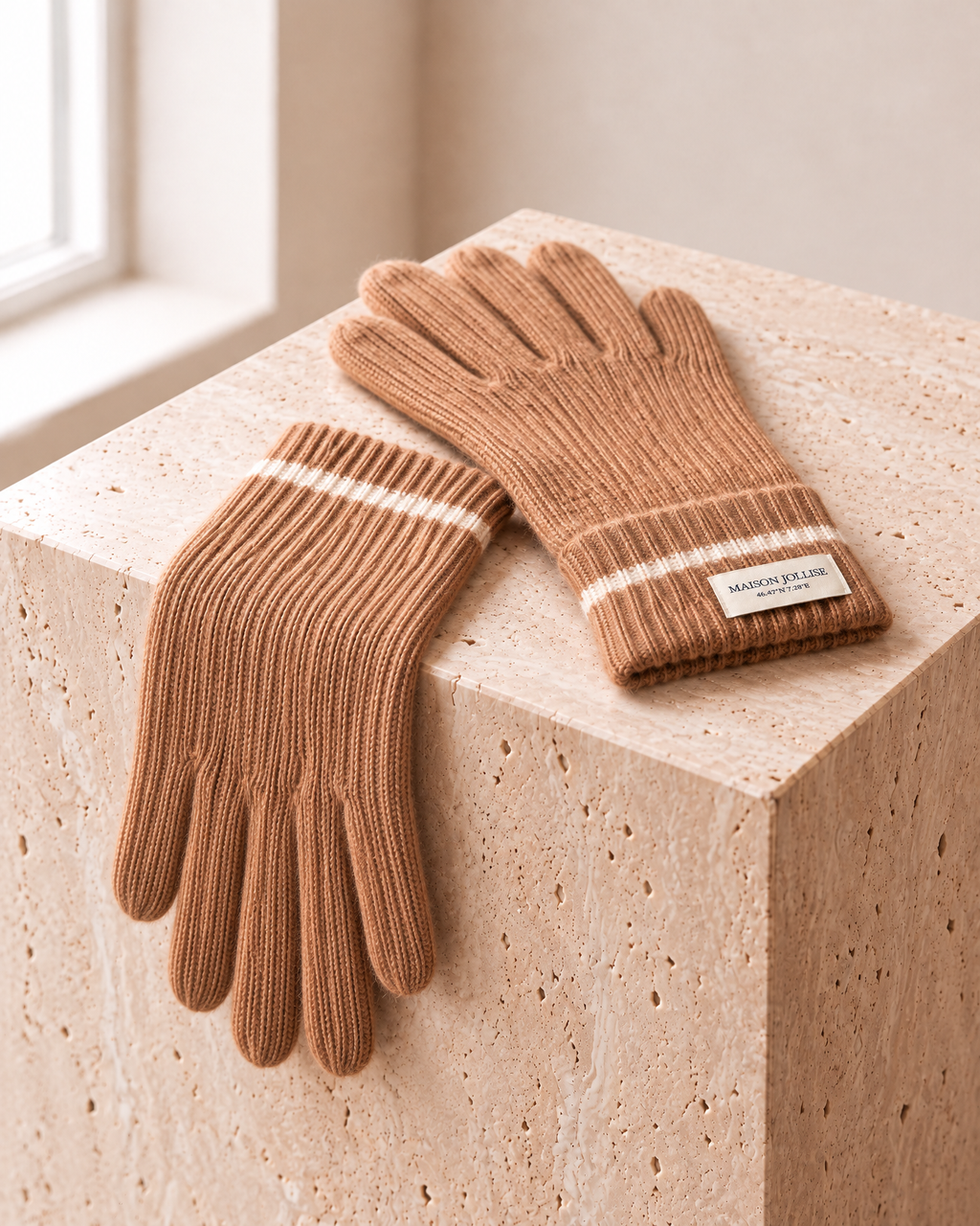the snow line cashmere gloves in camel · gstaad — on travertine