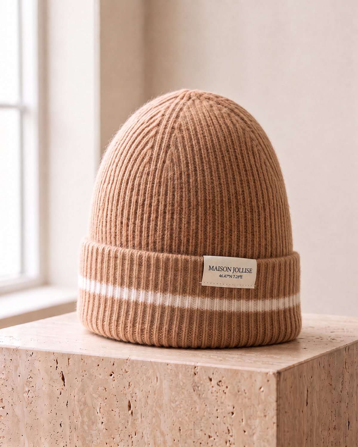 the snow line beanie in camel · gstaad, three-quarter view