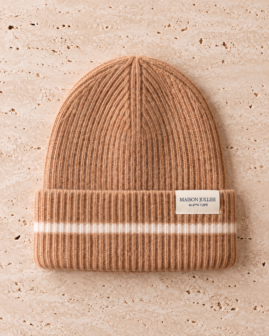 the snow line beanie in camel · gstaad, laid flat