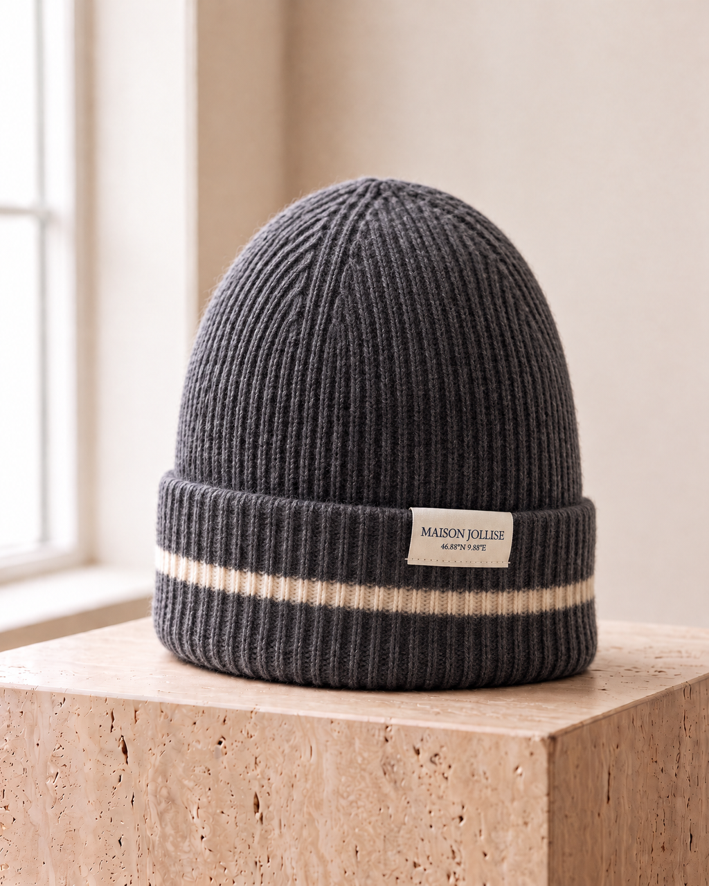 the snow line beanie in charcoal · klosters, three-quarter view