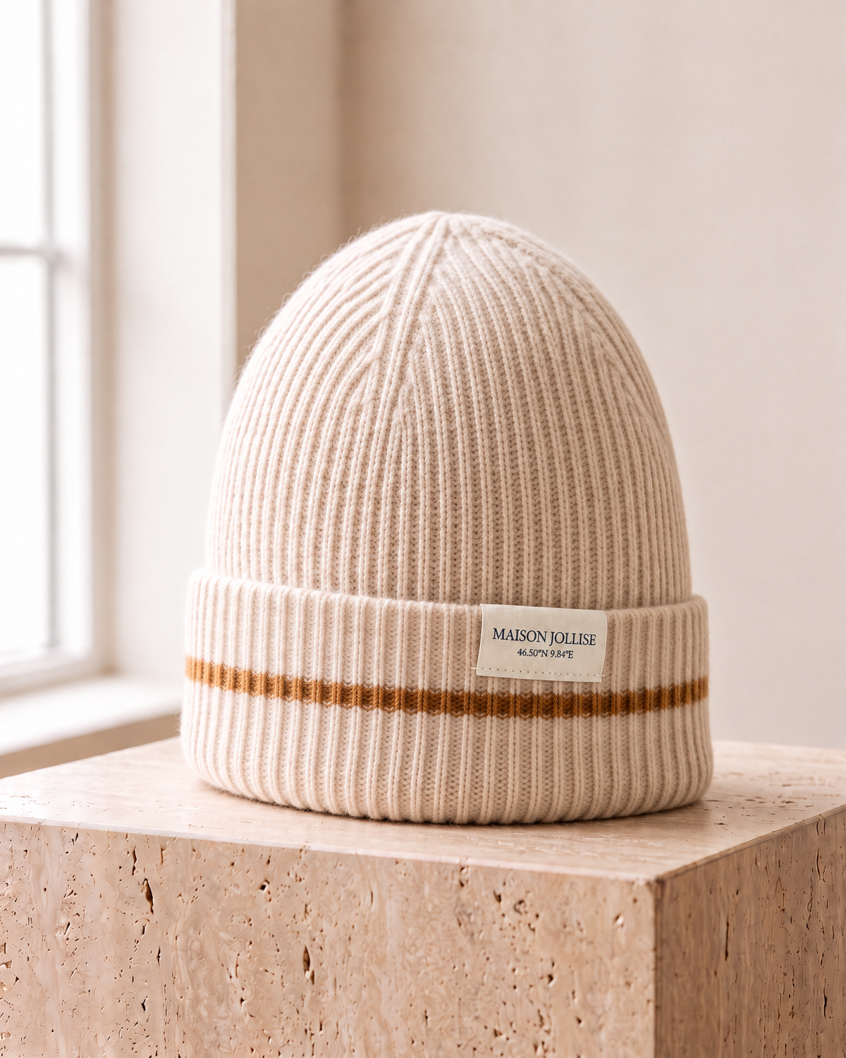 the snow line beanie in ivory · st. moritz, three-quarter view