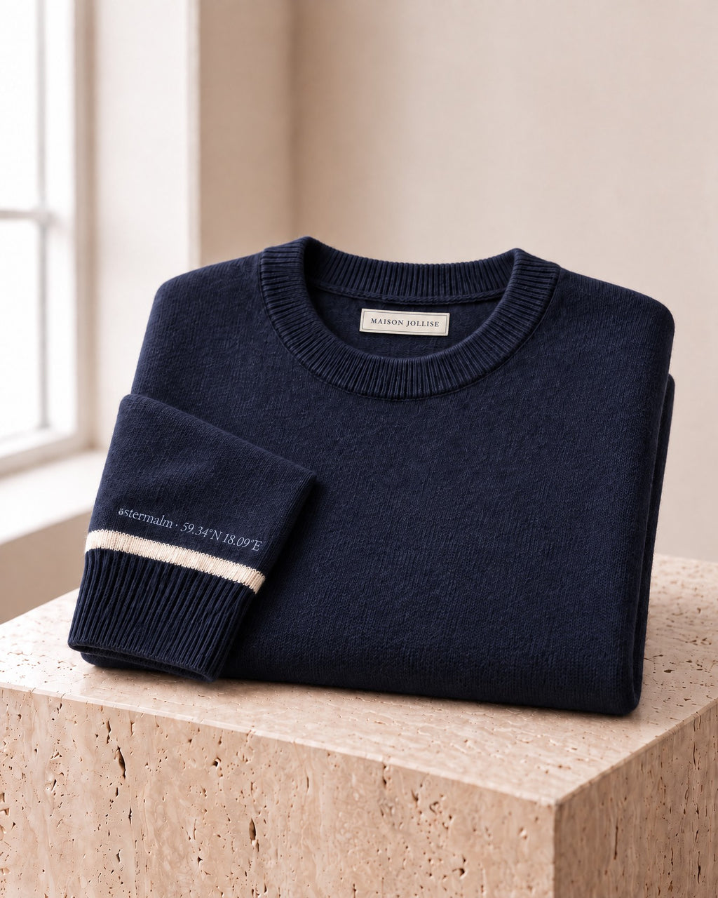the merino crewneck in navy · östermalm — folded on travertine