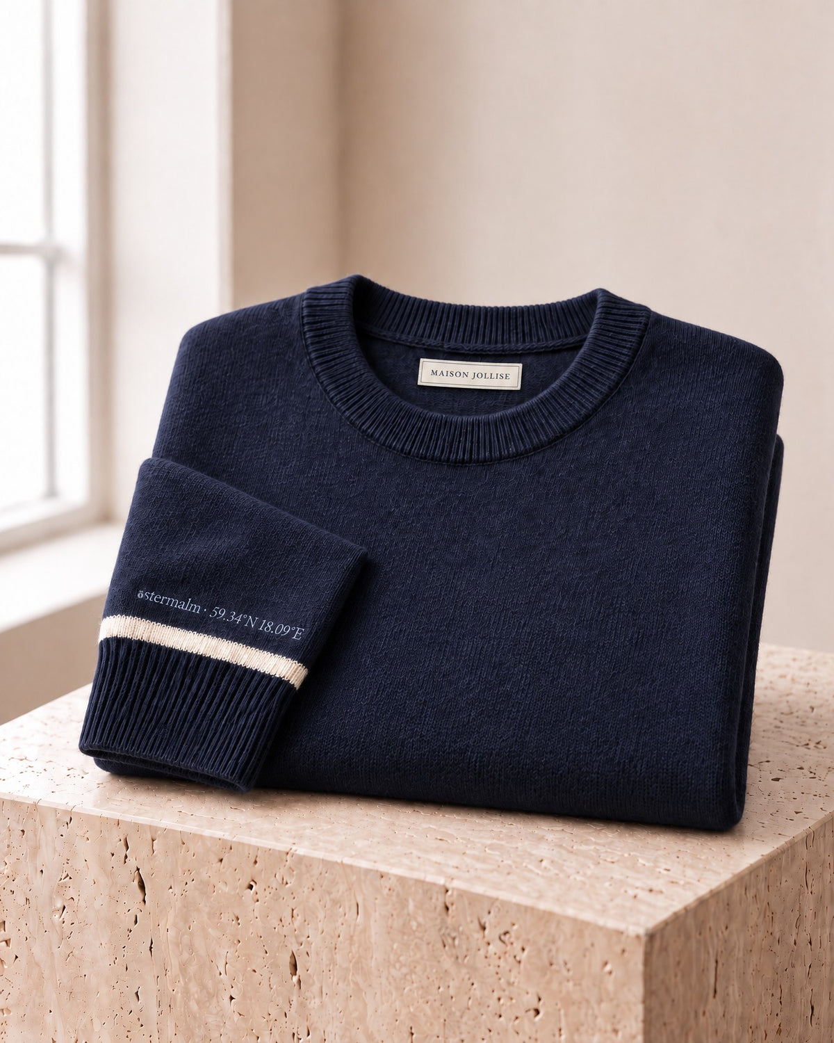 the merino crewneck in navy · östermalm — folded on travertine