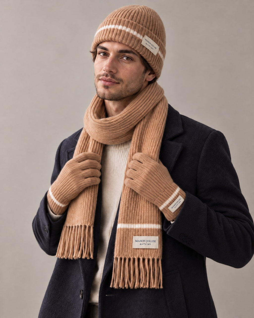 the snow line cashmere gloves in camel · gstaad — on him, with the beanie and scarf