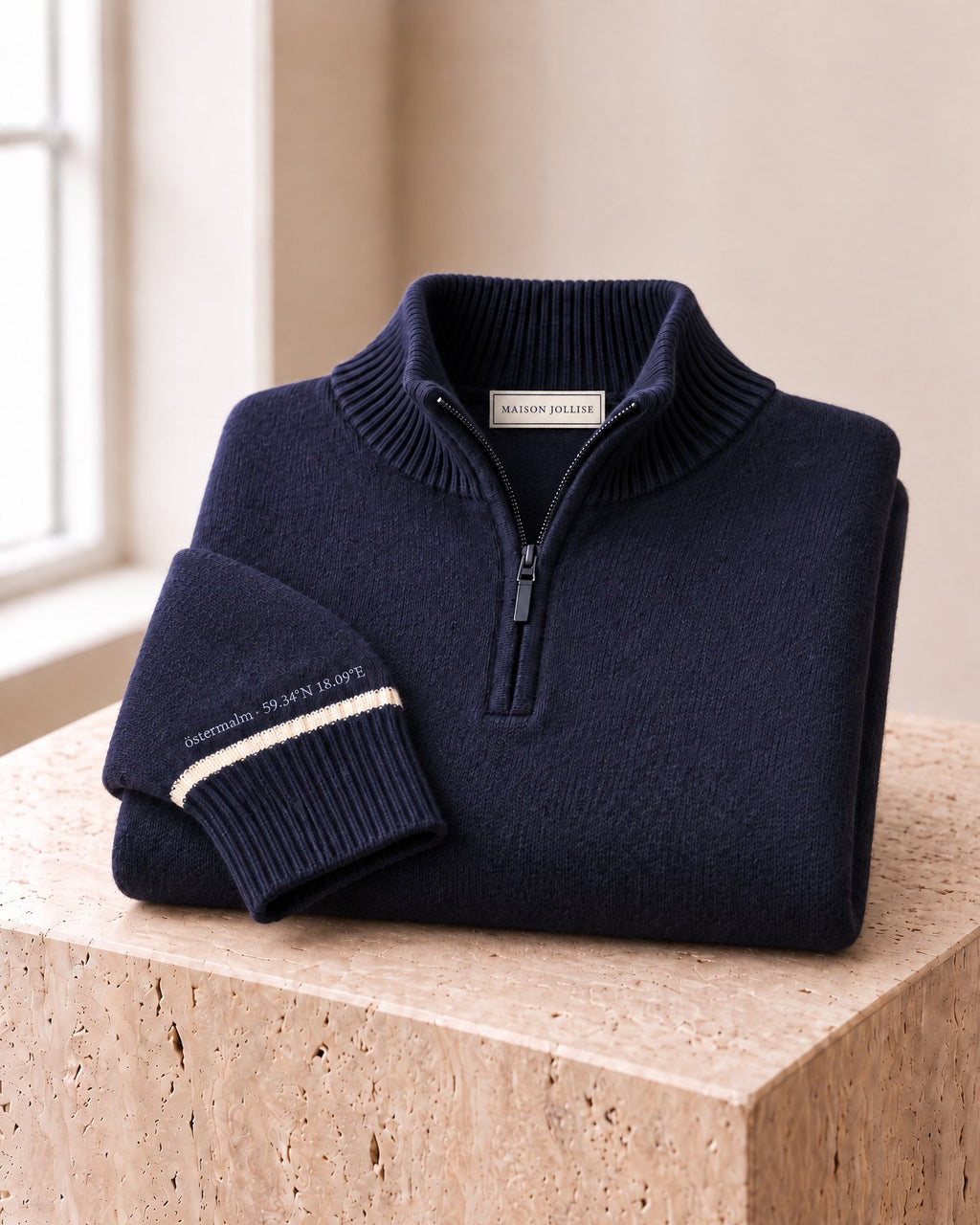 the merino quarter-zip in navy · östermalm — folded on travertine