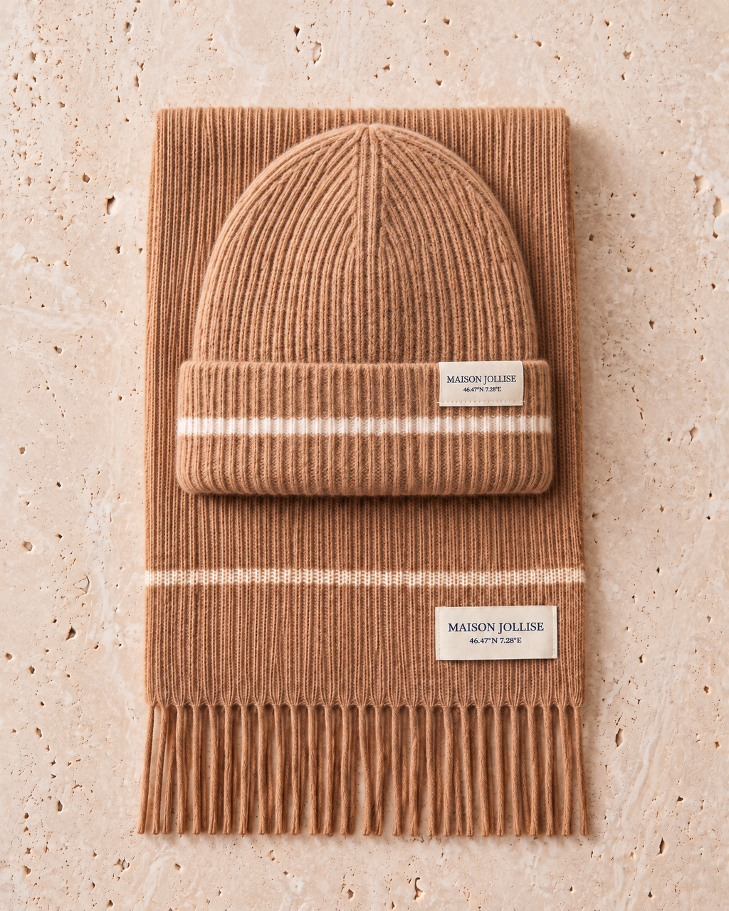 the snow line trio in camel · gstaad — the beanie and scarf