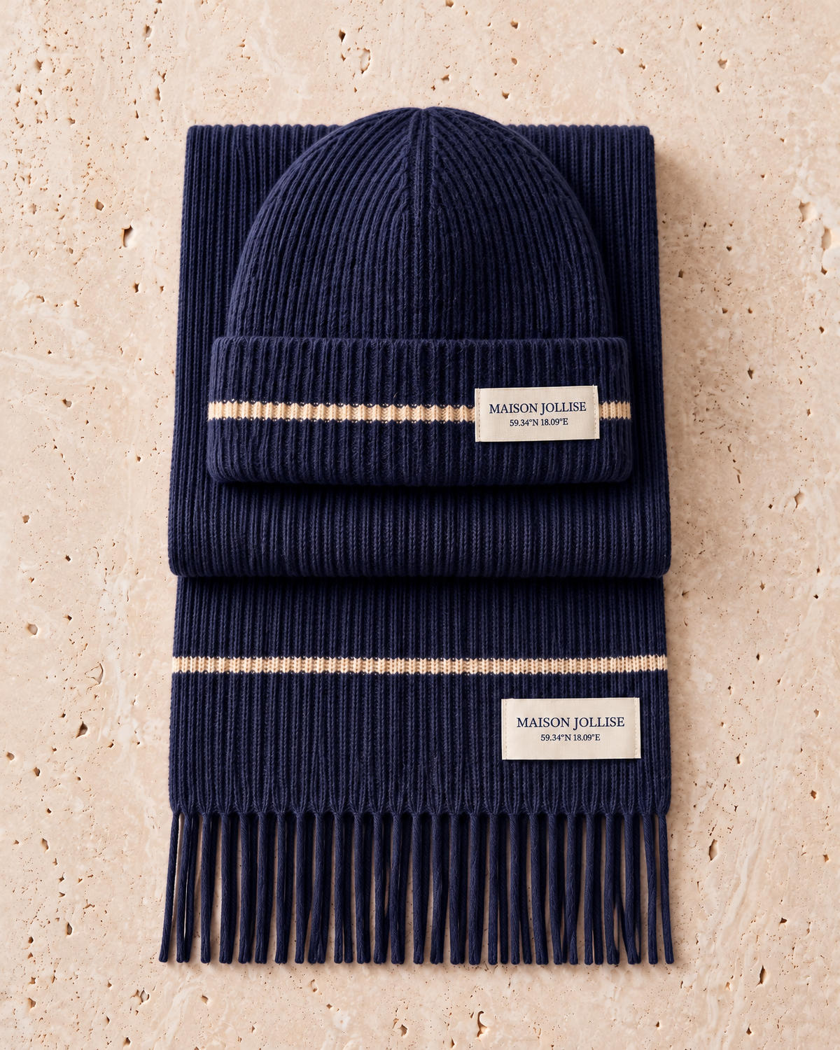 the snow line trio in navy · östermalm — the beanie and scarf