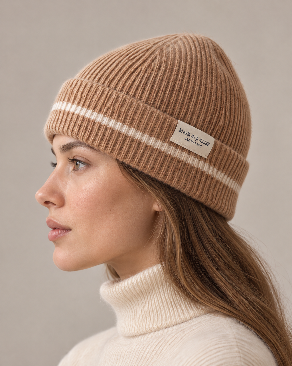 the snow line beanie in camel · gstaad, in profile