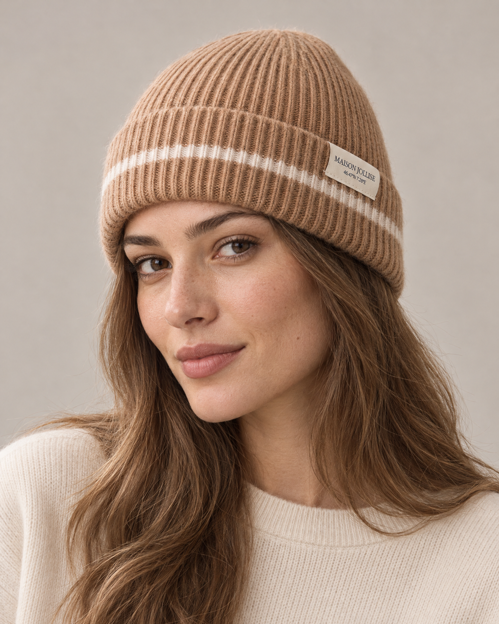 the snow line beanie in camel · gstaad, worn in the studio