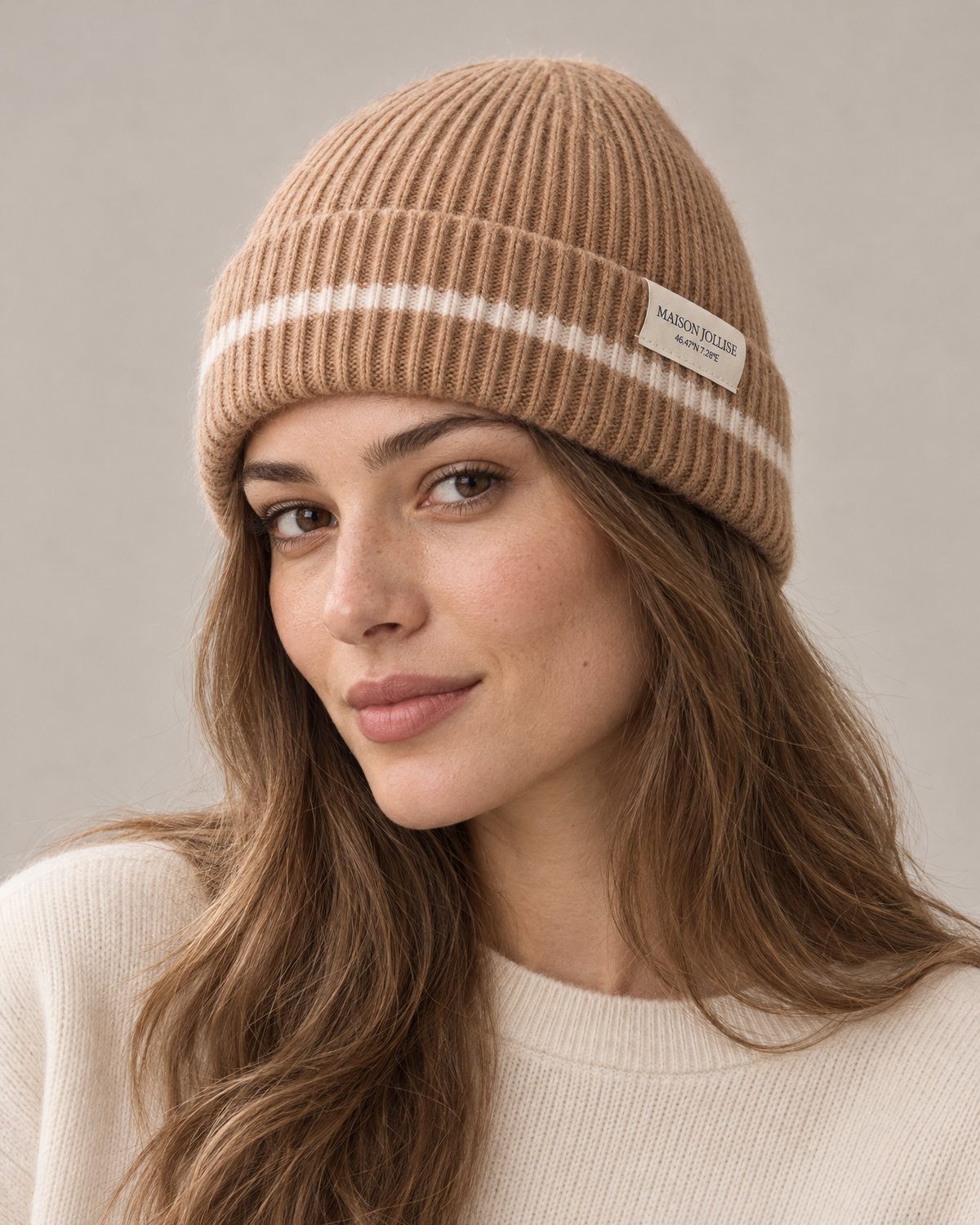 the snow line beanie in camel · gstaad, worn in the studio