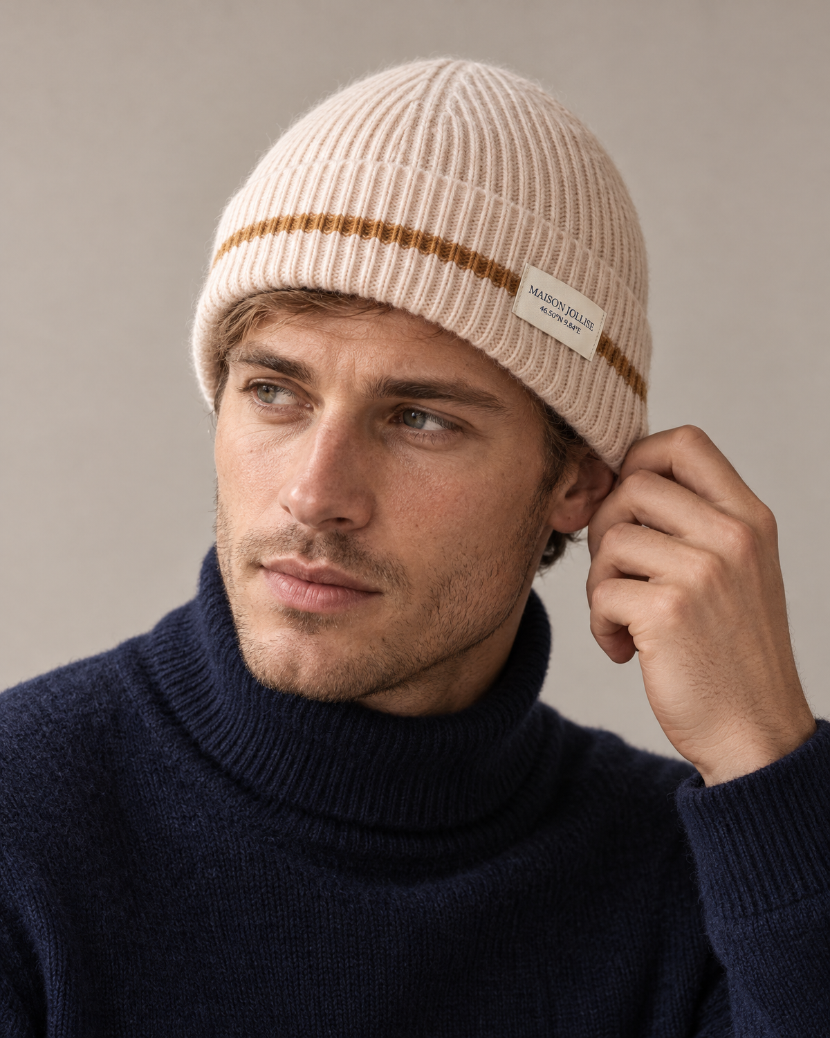 the snow line beanie in ivory · st. moritz, worn in the studio