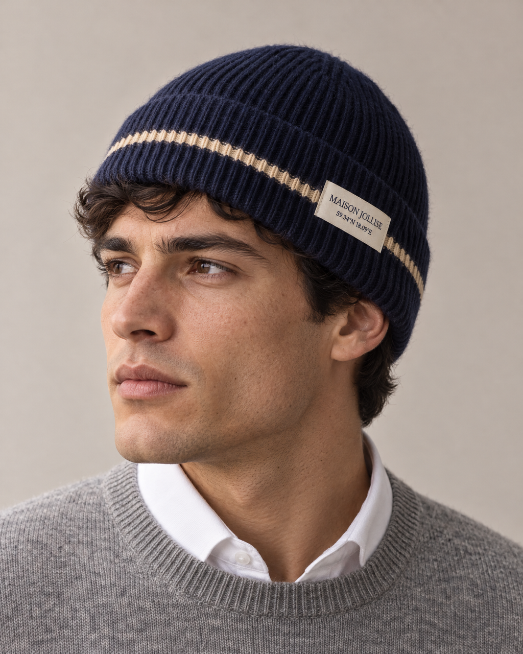 the snow line beanie in navy · östermalm, worn in the studio