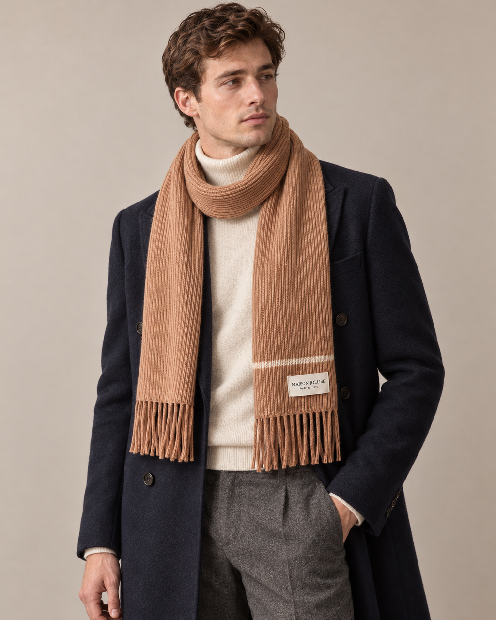 the snow line scarf in camel · gstaad, worn in the studio