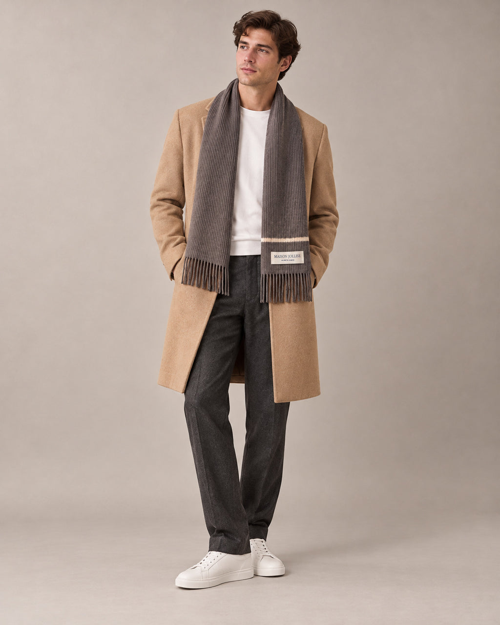 the snow line scarf in charcoal · klosters, full length in the studio