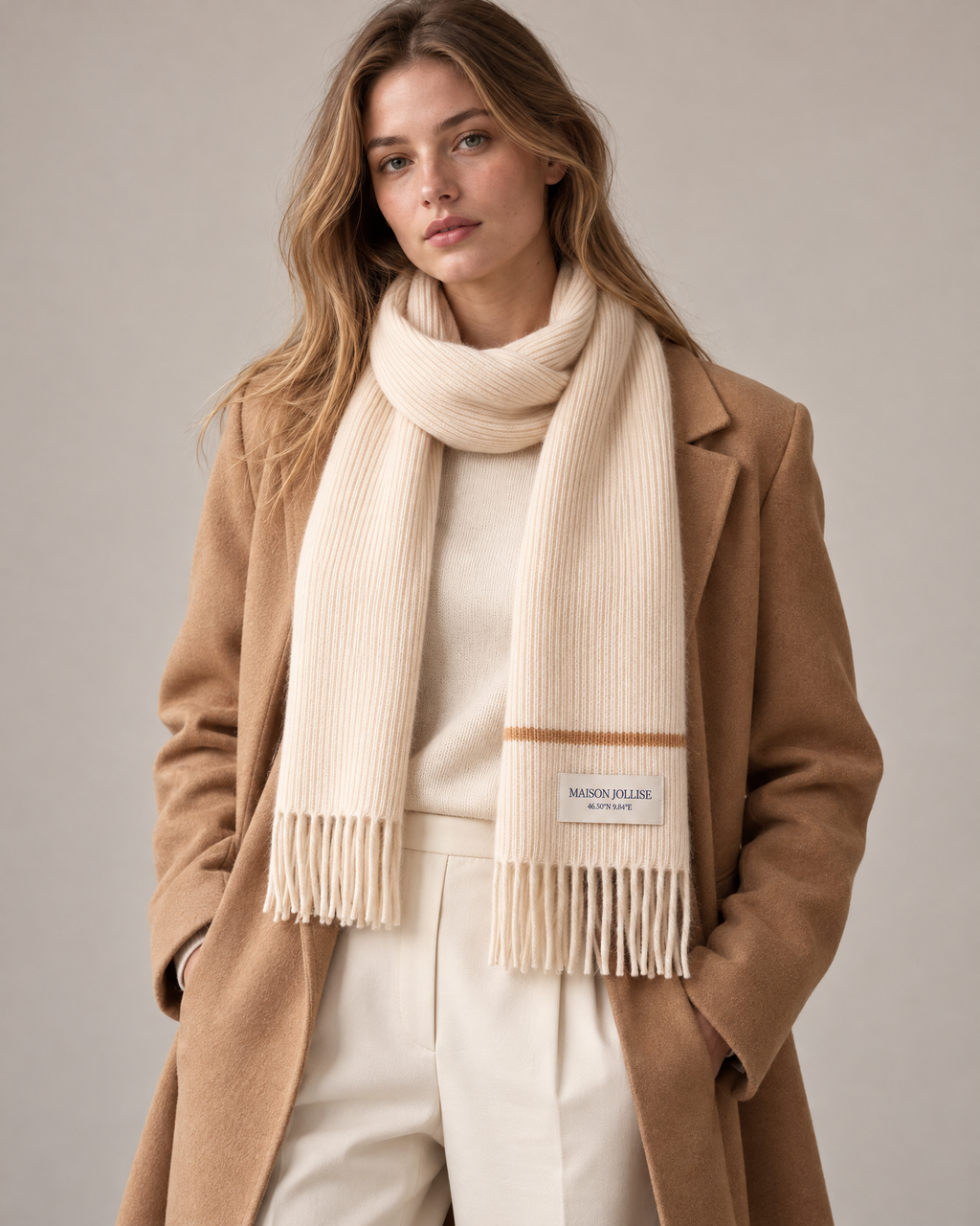 the snow line scarf in ivory · st. moritz, worn in the studio