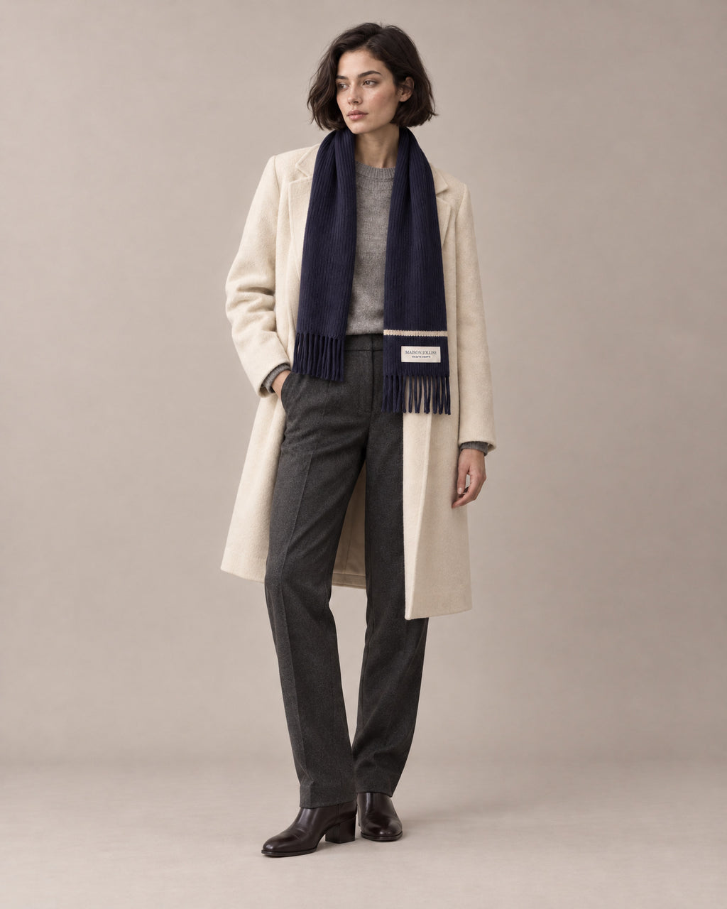 the snow line scarf in navy · östermalm, full length in the studio