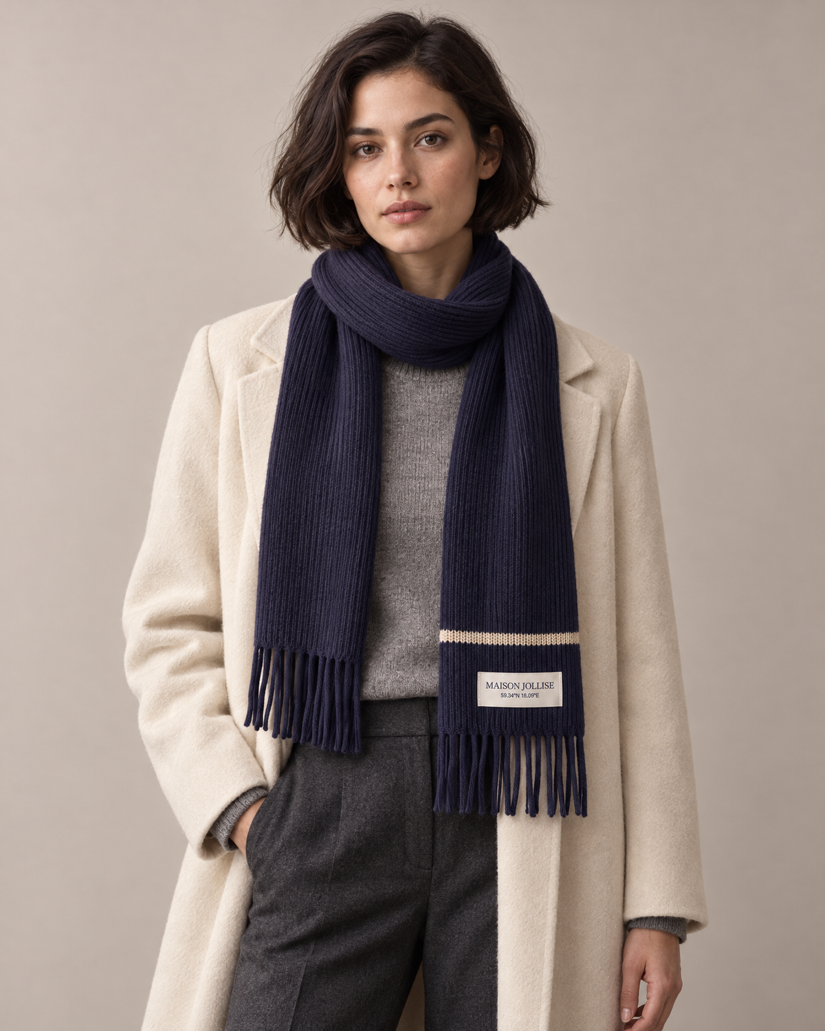 the snow line scarf in navy · östermalm, worn in the studio