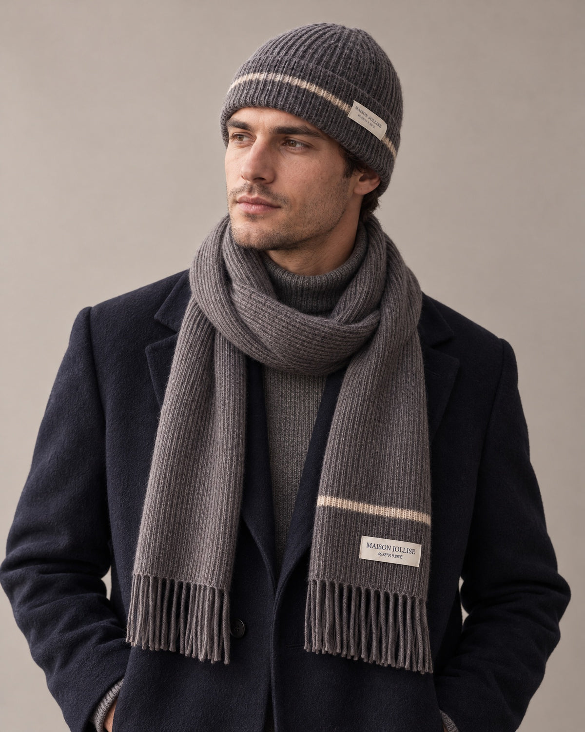 the snow line set in charcoal · klosters, beanie and scarf worn together in the studio