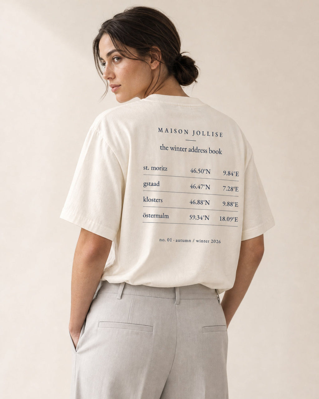 the winter address book tee — on her, back