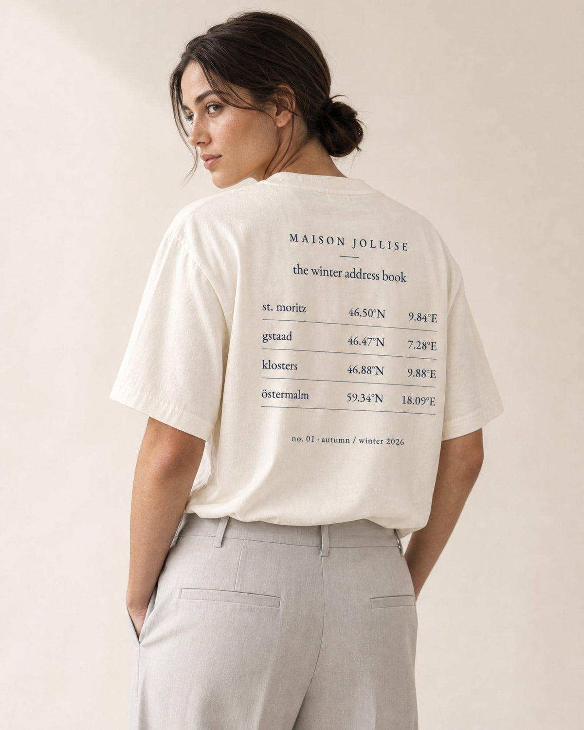 the winter address book tee — on her, back