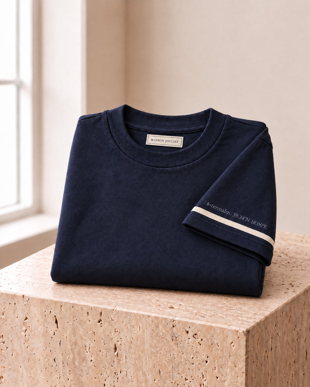 the heavyweight tee in navy · östermalm — folded on travertine