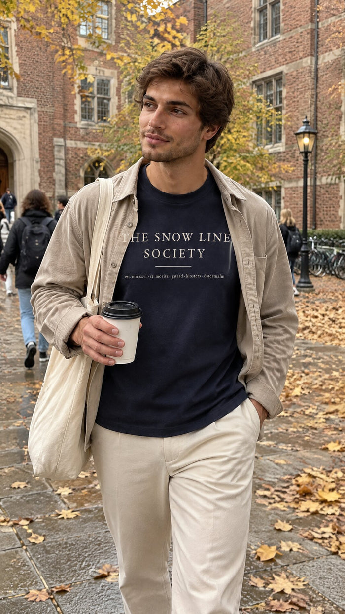 the snow line society tee on a walk across campus
